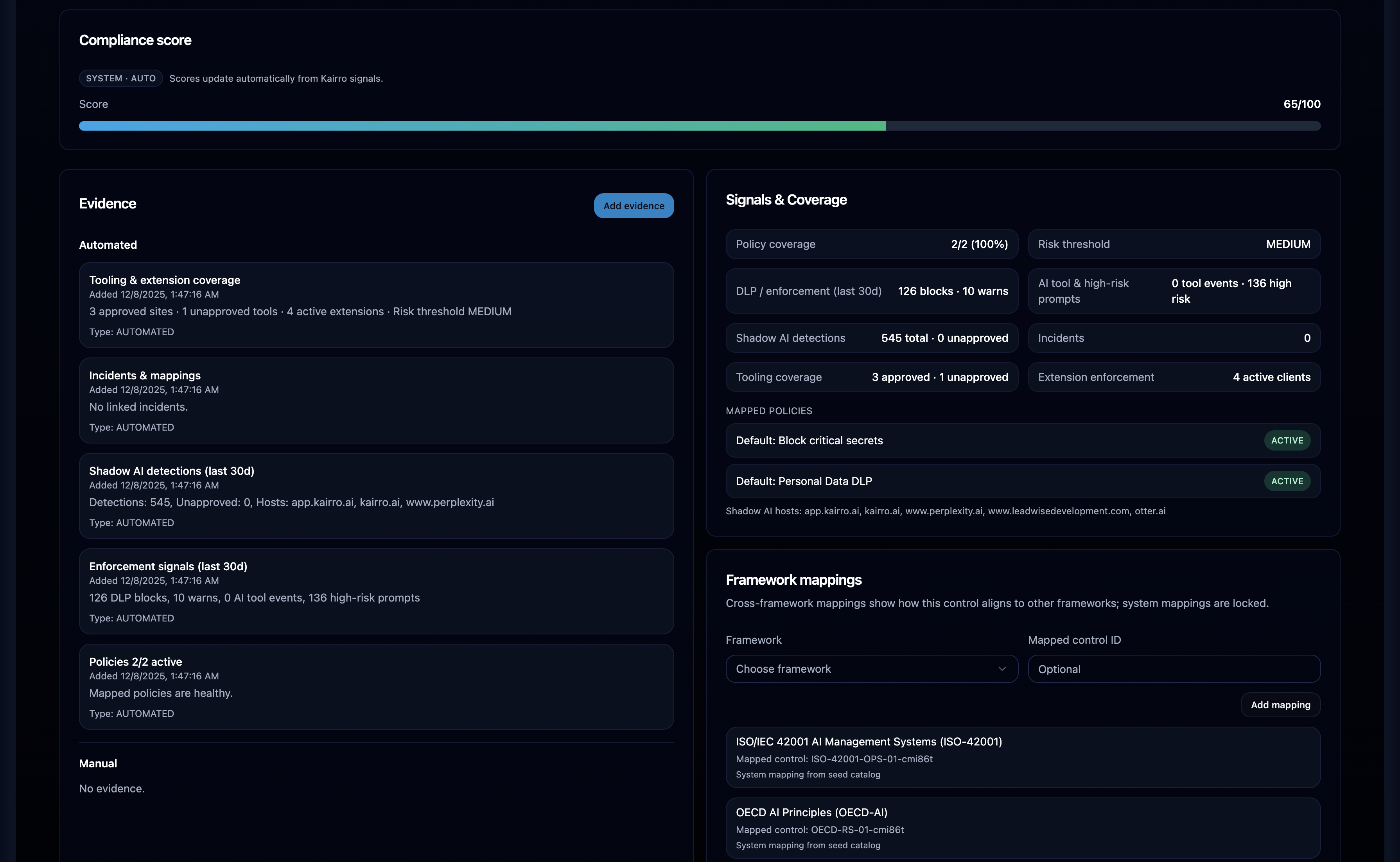 Frameworks overview dashboard